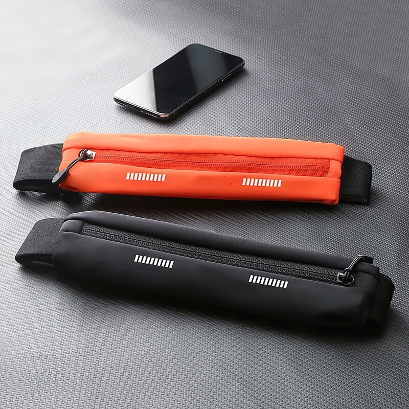 Black and orange waterproof waist running bags with smartphone, perfect for outdoor sports accessories. Unisex nylon sports bags.